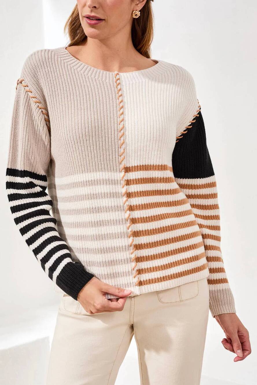 NEW TRIBAL textured boat neck sweater in multi stripe